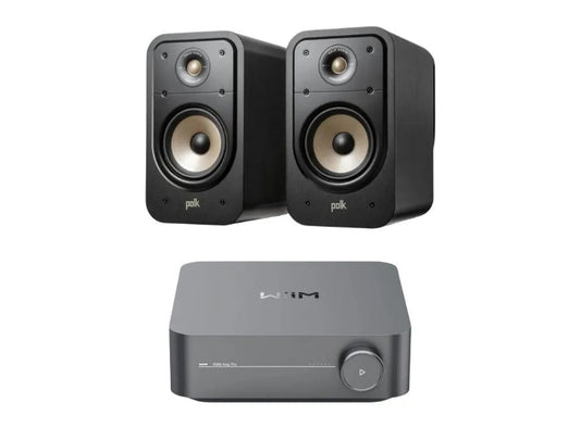 Polk Audio Signature Elite ES20 Bookshelf Speaker (Black) + Wiim Amp Pro Streaming Amplifier (Silver)