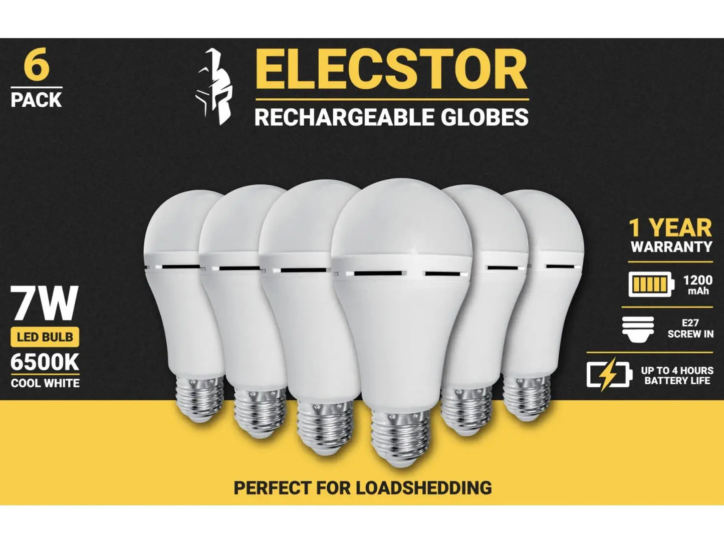 ELECSTOR E27 7W RECHARGEABLE GLOBE - COOL WHITE - 6 Pack