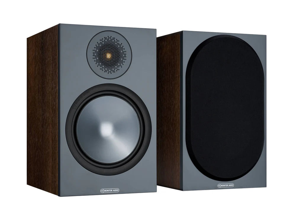 Monitor Audio Bronze 100 Bookshelf Speakers (Walnut) + WiiM Amp (Grey)