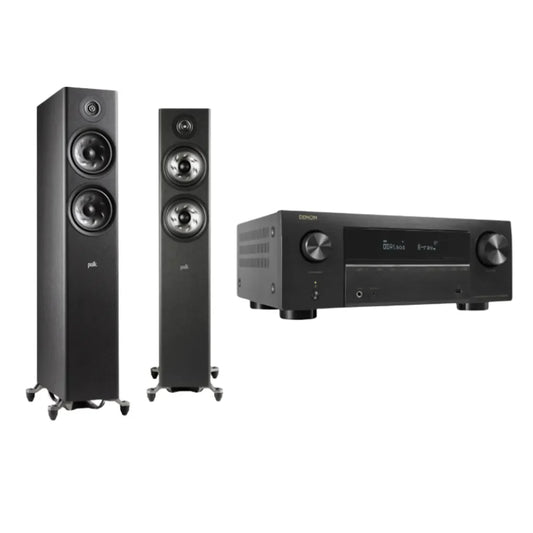Polk Reserve R600 Floorstanding Speakers - Pair (Black) + Denon AVR-X2800H 7.2 Ch. AV Receiver with HEOS® Built-in